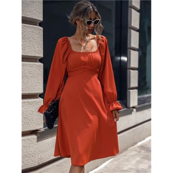 Square Neck Flounce Sleeve Midi Dress - Picture 2 of 4